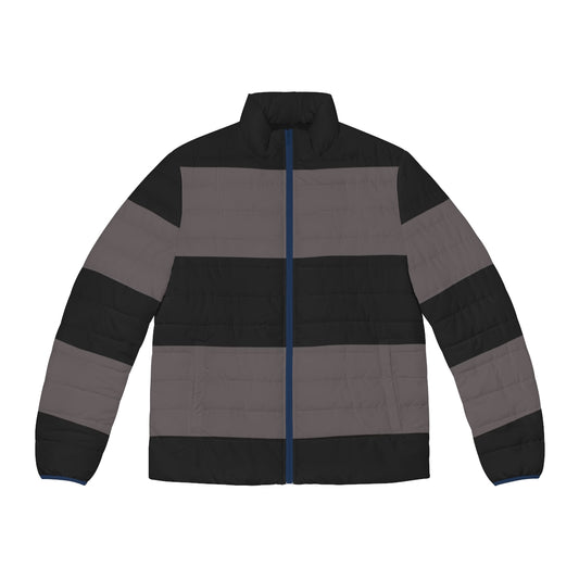 Black and grey striped puffer jacket with minimalist, abstract design