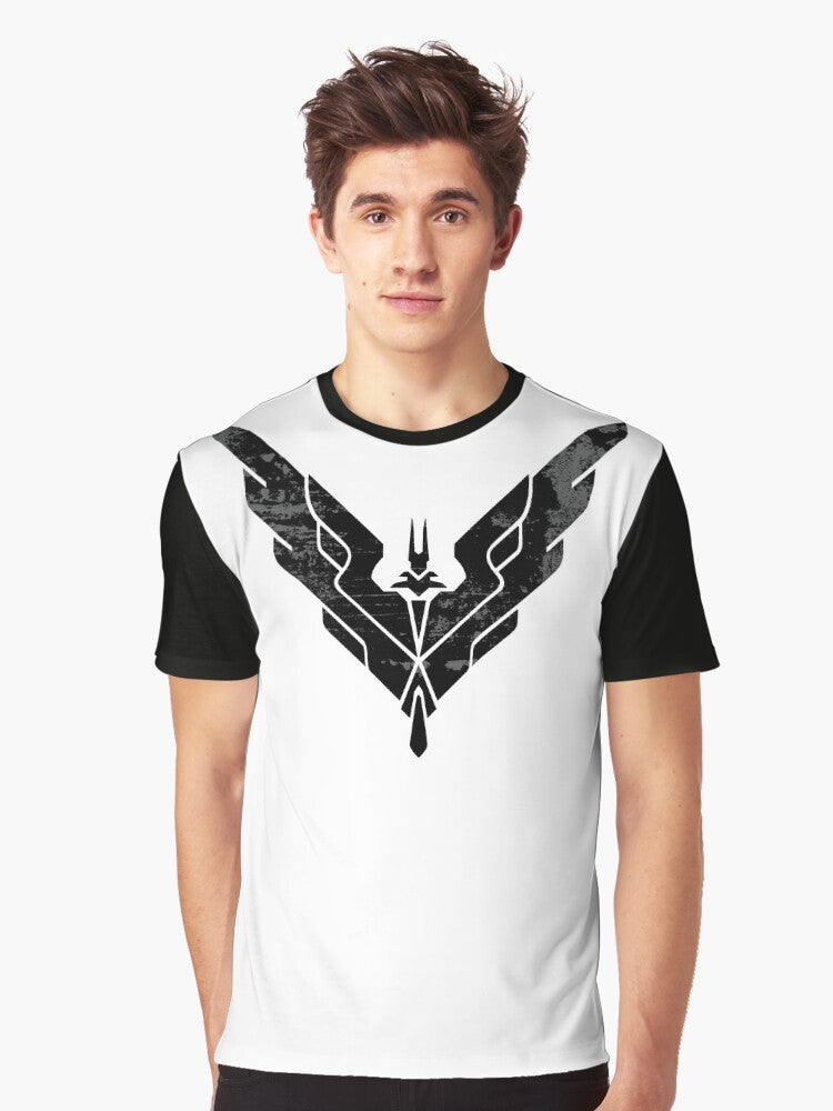 Elite Dangerous Elite Rank Graphic T-Shirt featuring the iconic logo and design elements from the popular space simulation game. - Men