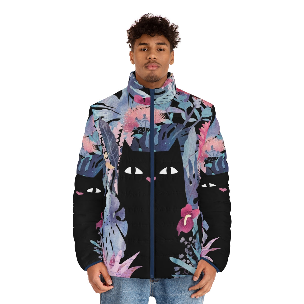 Pastel black velvet puffer jacket with tropical floral design featuring a black cat - men front