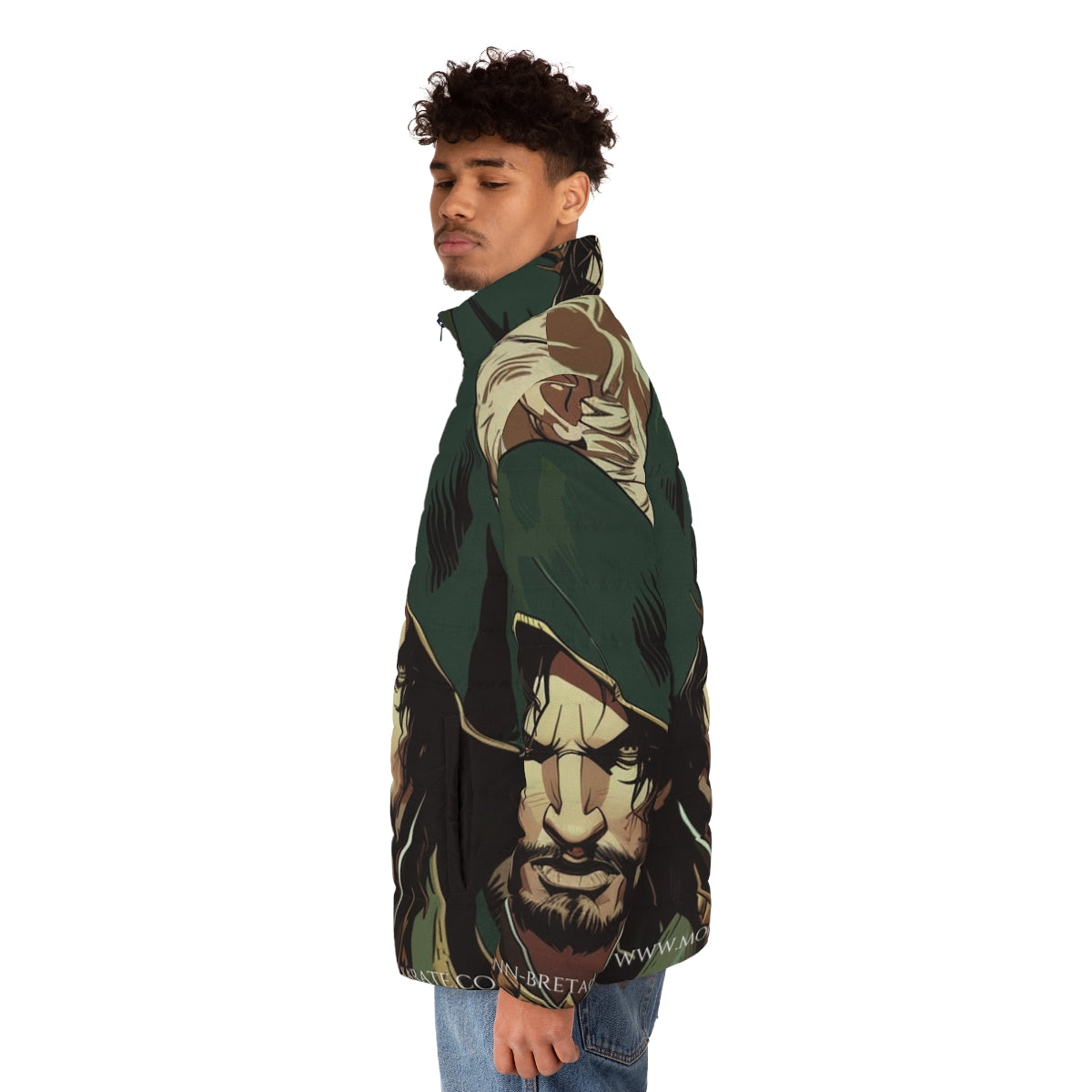 Castlevania inspired puffer jacket featuring anime-style fan art design - men side left