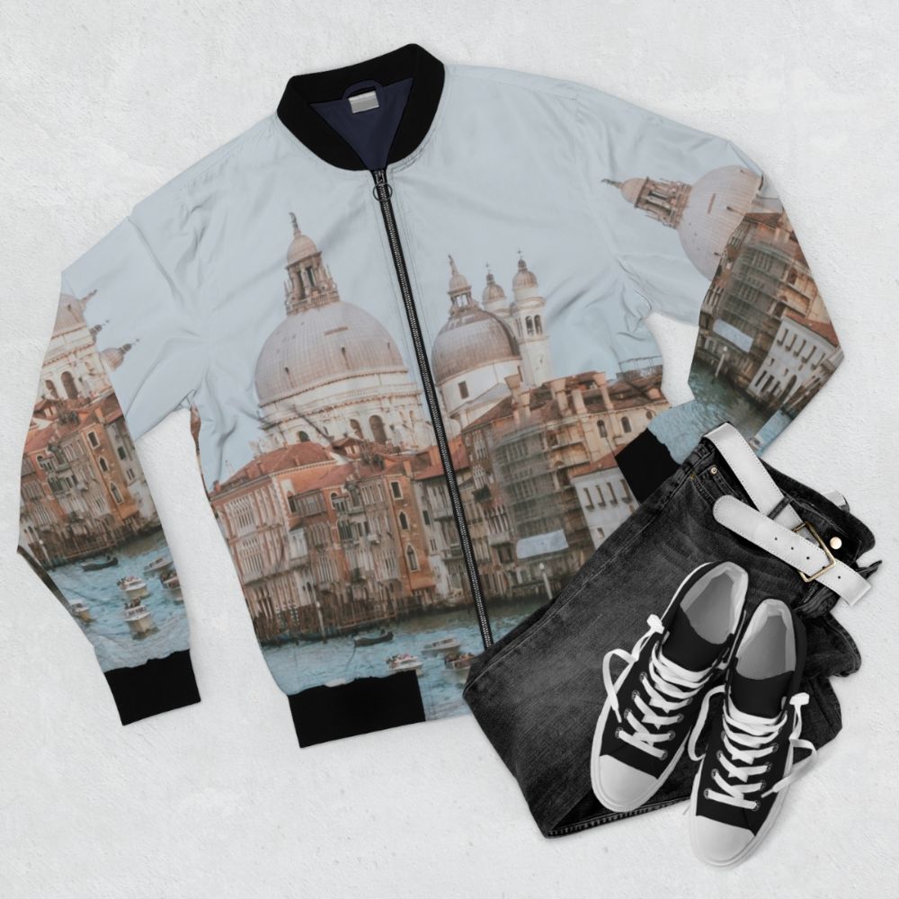 Fashionable bomber jacket with Venice, Italy design - Flat lay