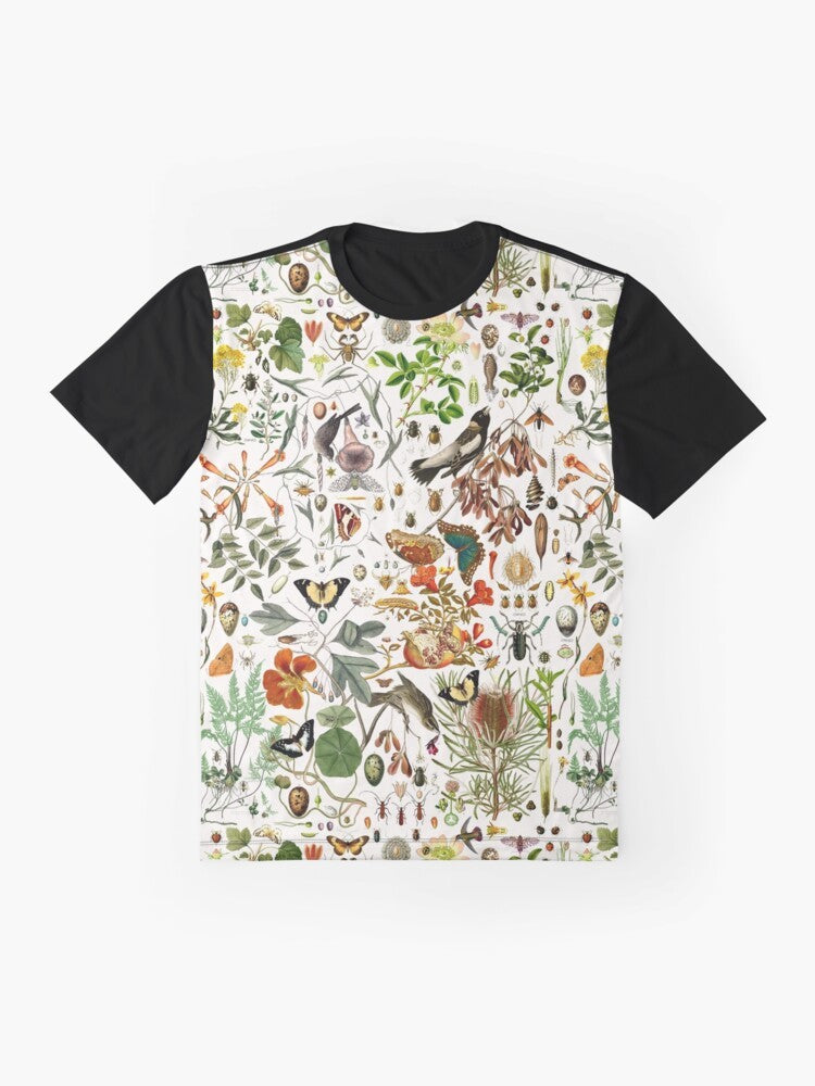 Detailed biology-inspired graphic t-shirt featuring a collage of nature elements like butterflies, birds, insects, and plants. - Flat lay