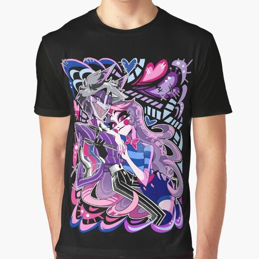 Charlastor Pride Month graphic t-shirt featuring characters Charlie Morningstar and Alastor from the Hazbin Hotel animated series.