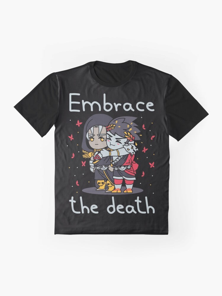 Cute chibi-style Hades video game t-shirt design featuring the character Thanatos and the phrase "Embrace the Death" - Flat lay