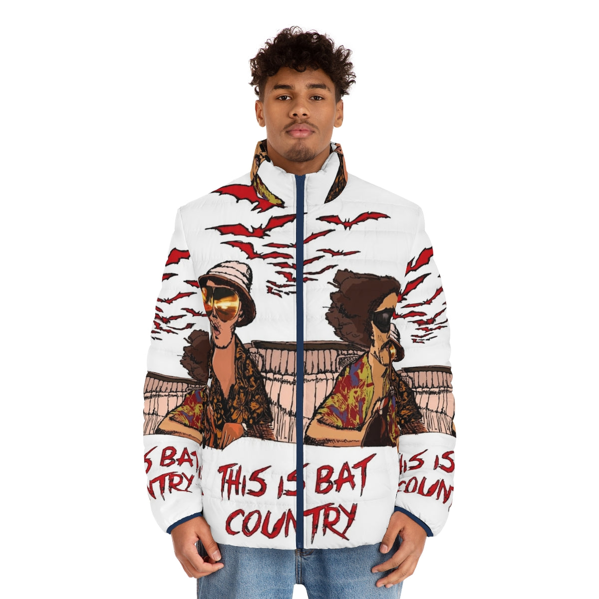 Bat Country Puffer Jacket featuring psychedelic design and Hunter S. Thompson inspired imagery - men front