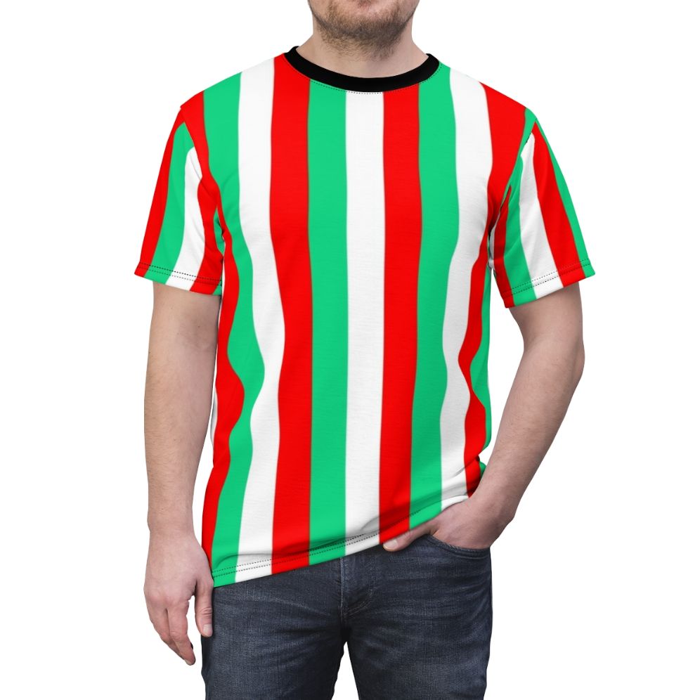 Vibrant red, green, and white striped t-shirt with a bold, graphic design - men front