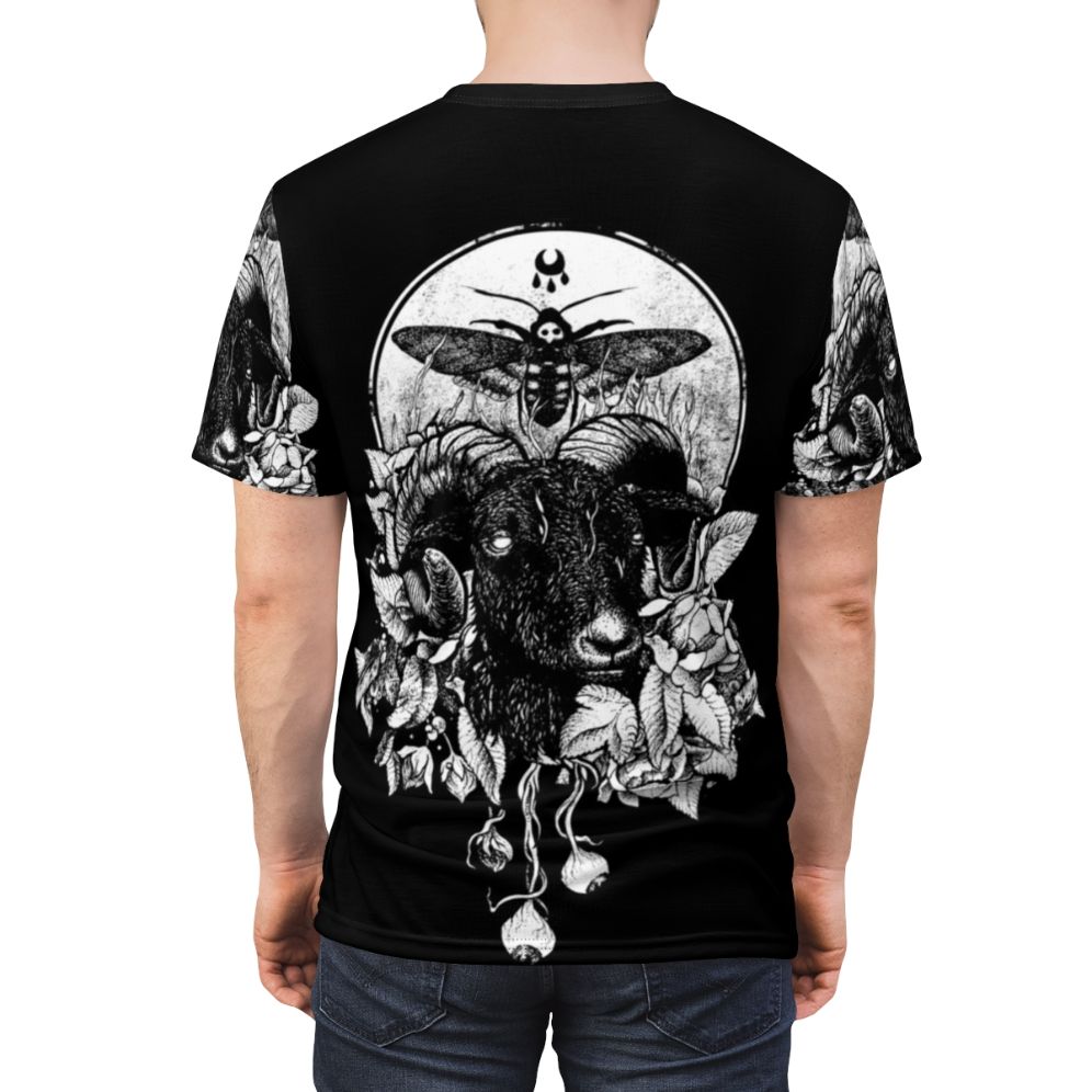 Mystical gothic-inspired t-shirt design featuring dark nature, occult symbols, animals, and floral artwork - men back