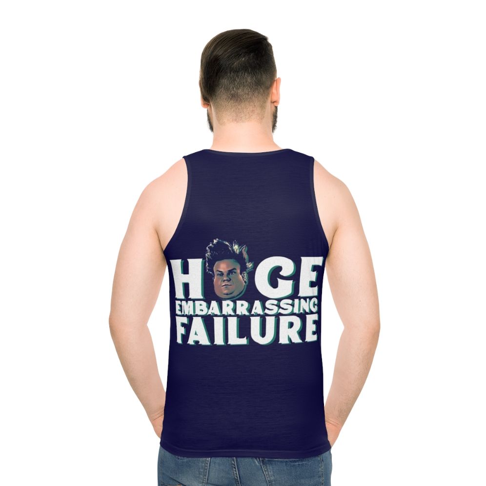 Unisex tank top featuring Chris Farley's iconic 'Huge Embarrassing Failure' character - men back