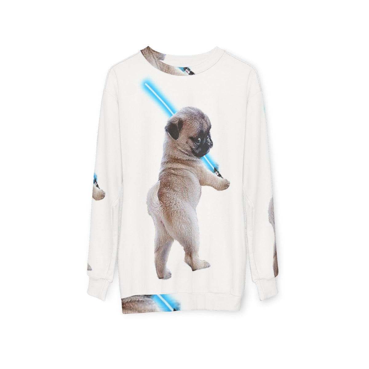 Pug wearing a sweatshirt with a lightsaber graphic - hanging