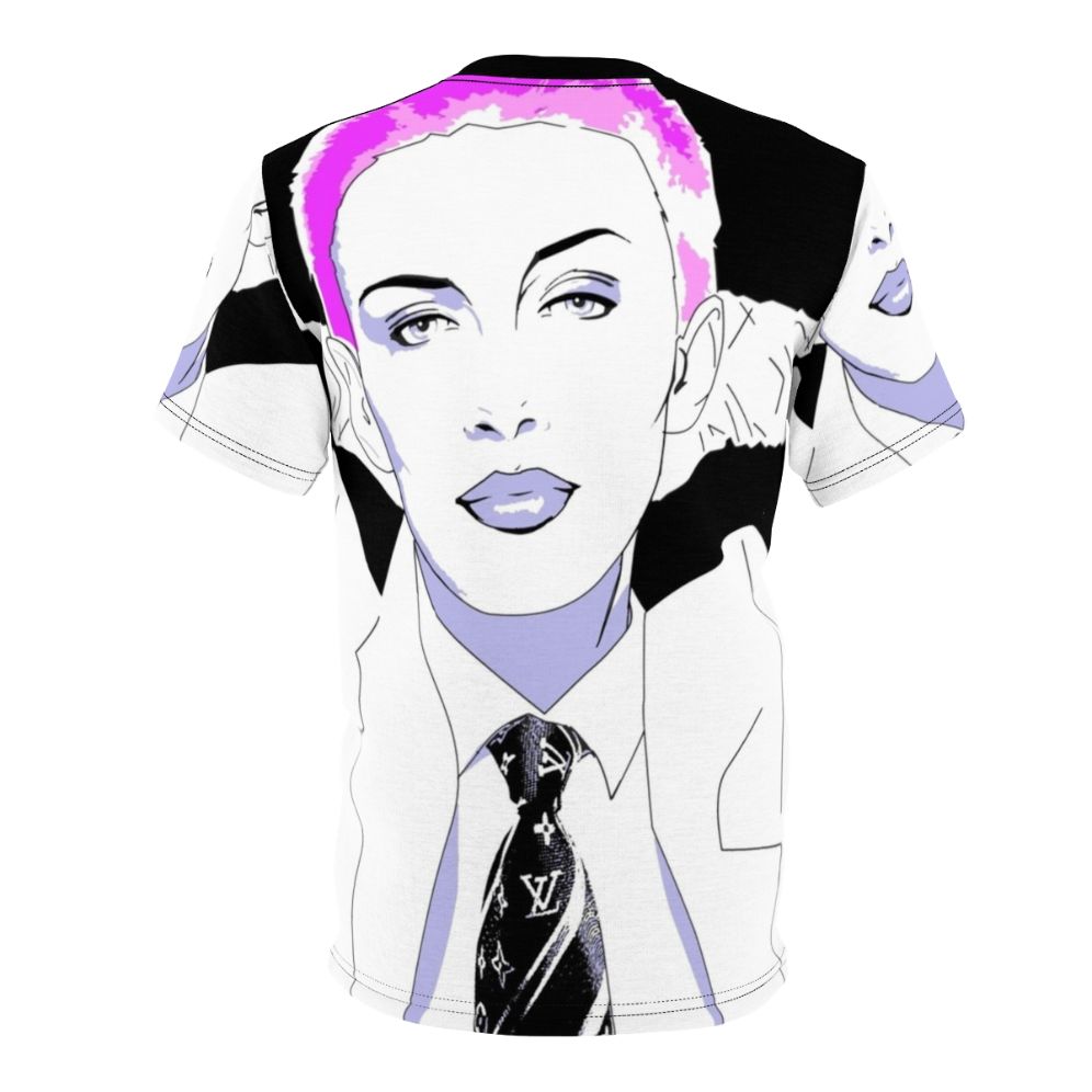 Vibrant purple AOP t-shirt with a retro pop art design featuring Annie Lennox, the iconic British singer and co-founder of the 80s band Eurythmics. - Back