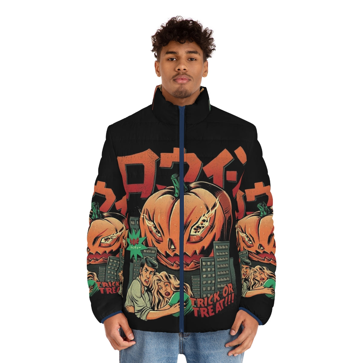 A puffer jacket with a pumpkin monster design, perfect for Halloween - men front