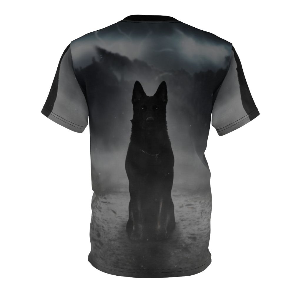 A haunting t-shirt design featuring a black German shepherd silhouette in a misty, foggy night scene. - Back