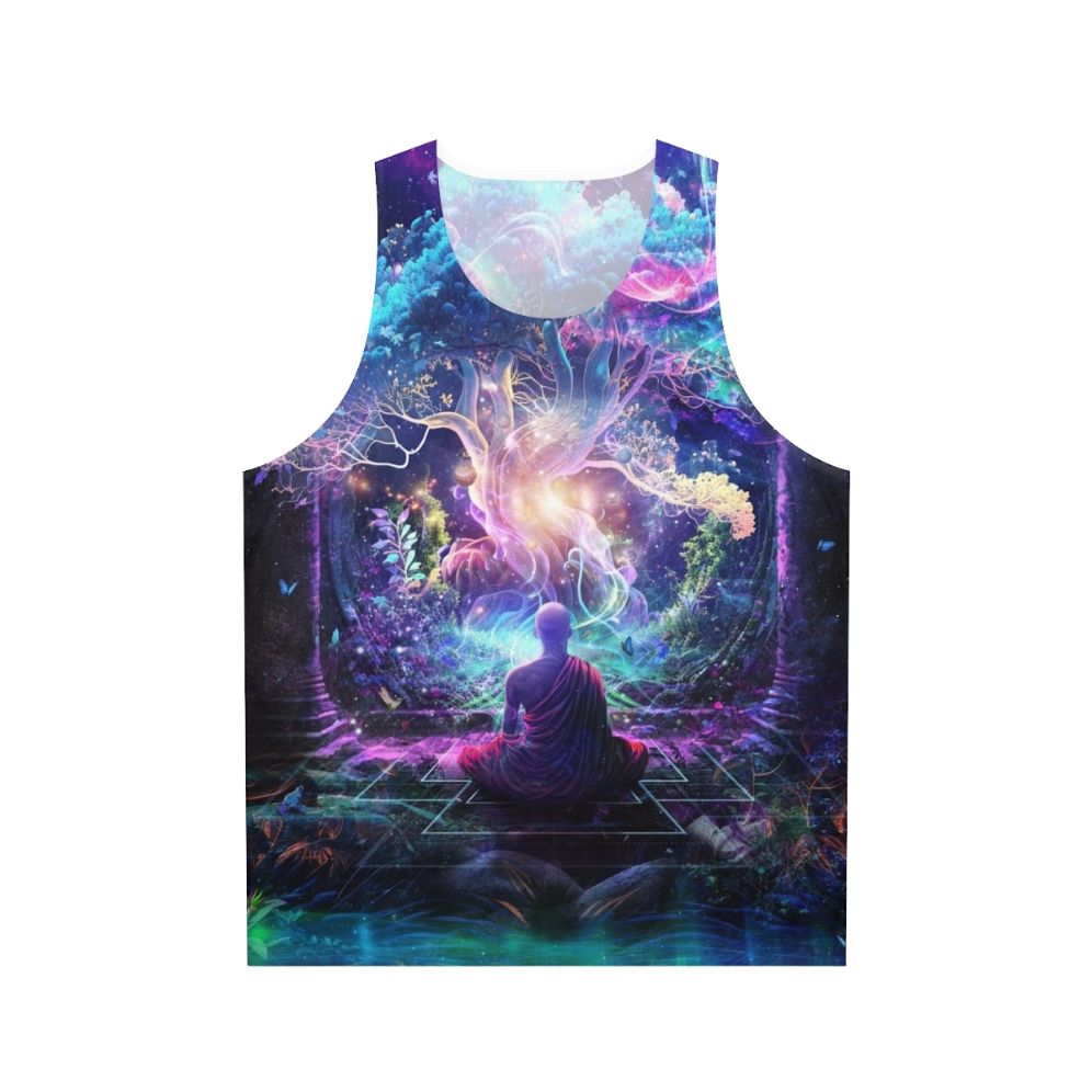 Unisex tank top with cosmic, nature-inspired Midnight Garden artwork