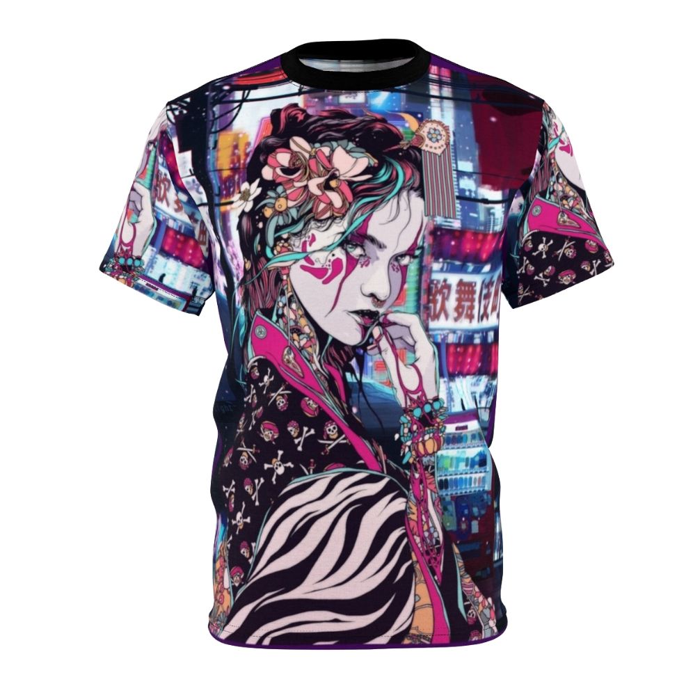 Vibrant t-shirt design featuring a captivating geisha character set against the backdrop of the Tokyo cityscape