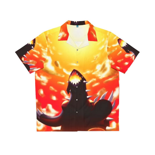 Groudon-inspired Hawaiian shirt with tropical landscape and Pokemon fan art design