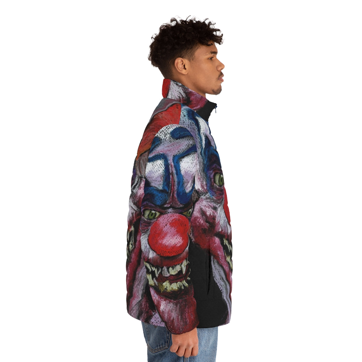 Killer clown puffer jacket with pastel horror art and alien clown design - men side right