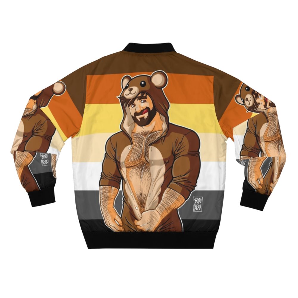 A bomber jacket featuring a bold bear pride design with a cute bobo bear illustration - Back