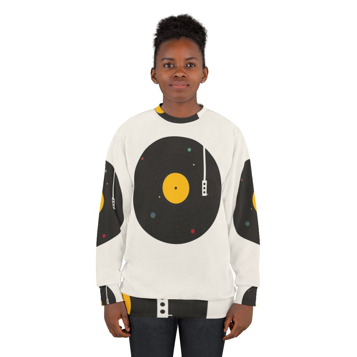 Retro music sweatshirt with galaxy and solar system design - women