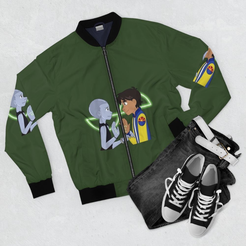 Infinity Train inspired bomber jacket featuring the Mirror Tulip design from the Cartoon Network series - Flat lay