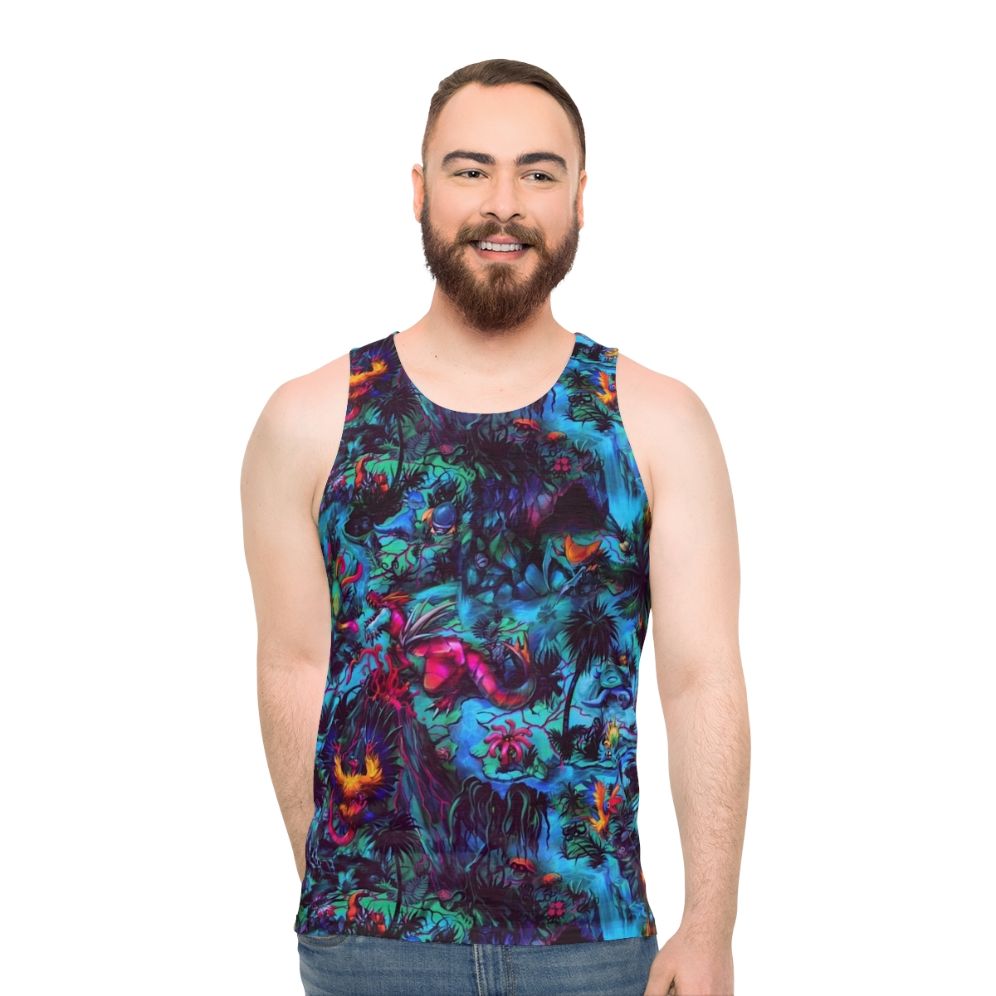 Paleo party dinosaur tank top with trippy neon prehistoric creatures - men