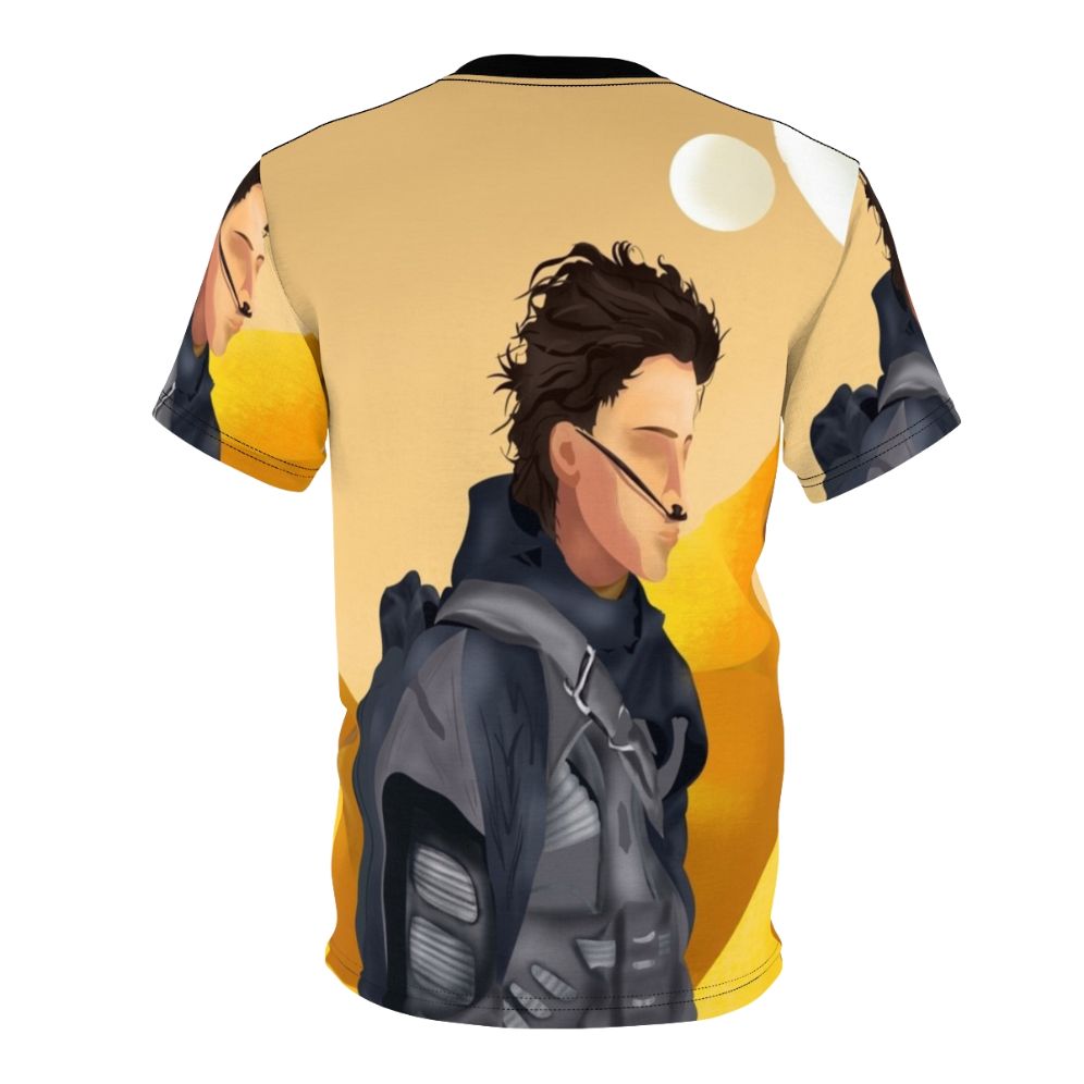 Dune-inspired t-shirt featuring the moons of Arrakis and a stylized portrait of Paul Atreides - Back