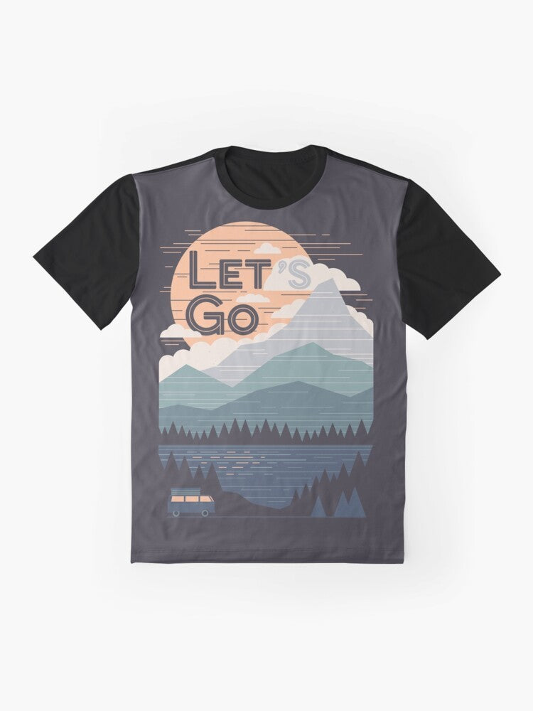 Vintage graphic t-shirt design featuring mountains, quote, and "The Paper Crane" logo - Flat lay