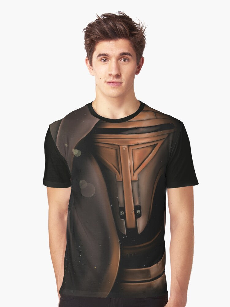 Graphic t-shirt featuring a portrait of Darth Revan, a legendary Sith Lord from the Star Wars: Knights of the Old Republic video game series. - Men