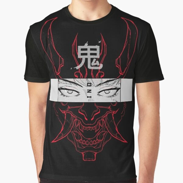 Minimalist red oni Japanese folklore graphic t-shirt with halftone eyes and futuristic cyberpunk design.