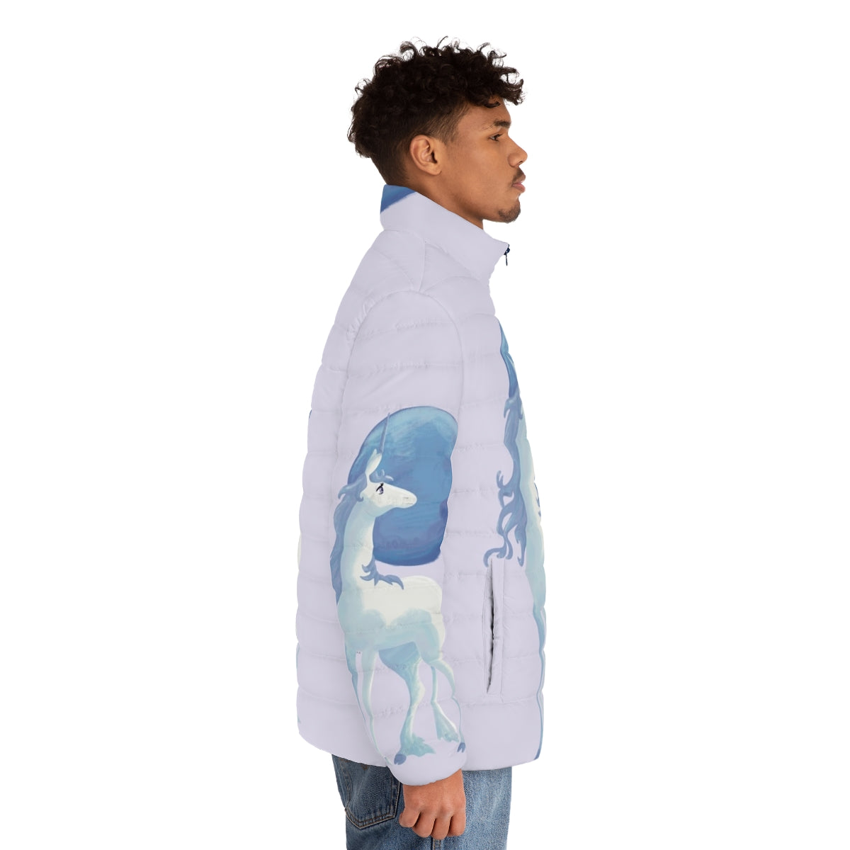 The Last Unicorn Puffer Jacket with a mythical creature design - men side right