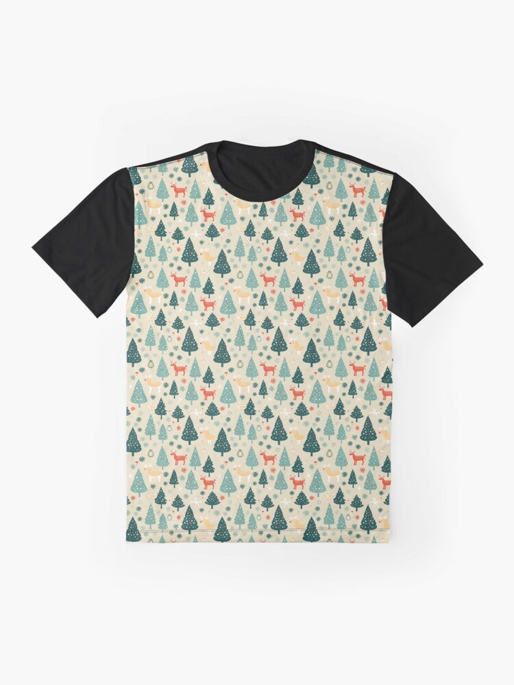 A festive Christmas-themed t-shirt with a seamless graphic design featuring trees and reindeer. - Flat lay