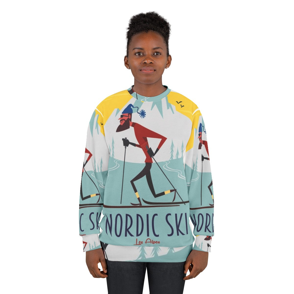 Nordic ski poster printed on a cozy sweatshirt - women