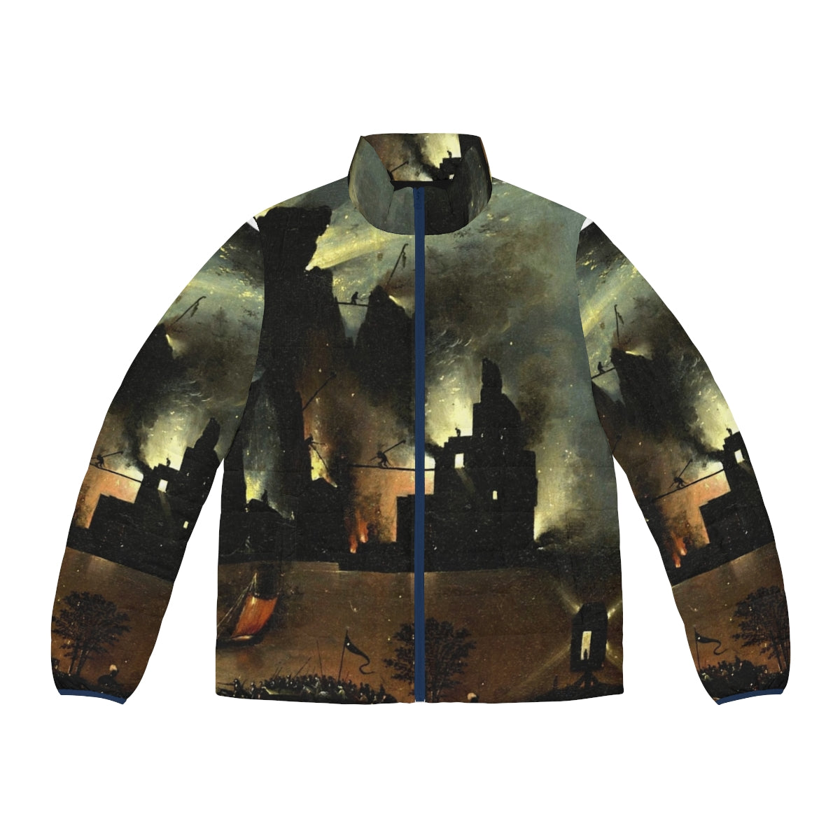 Hieronymus Bosch inspired puffer jacket with vibrant hell-inspired design