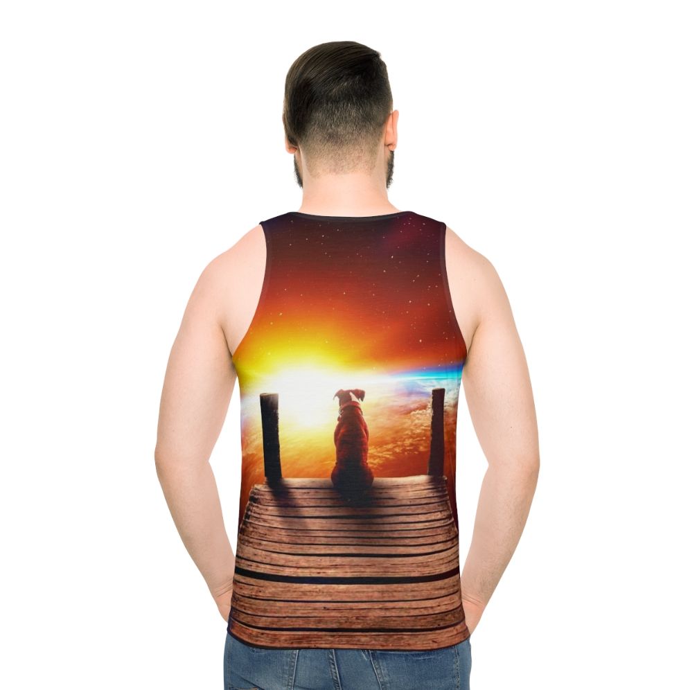 Surreal unisex tank top with digital collage of space and a dog - men back