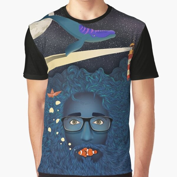 A graphic t-shirt featuring a dreamy, fantasy-inspired design with a whale, stars, and ocean elements.