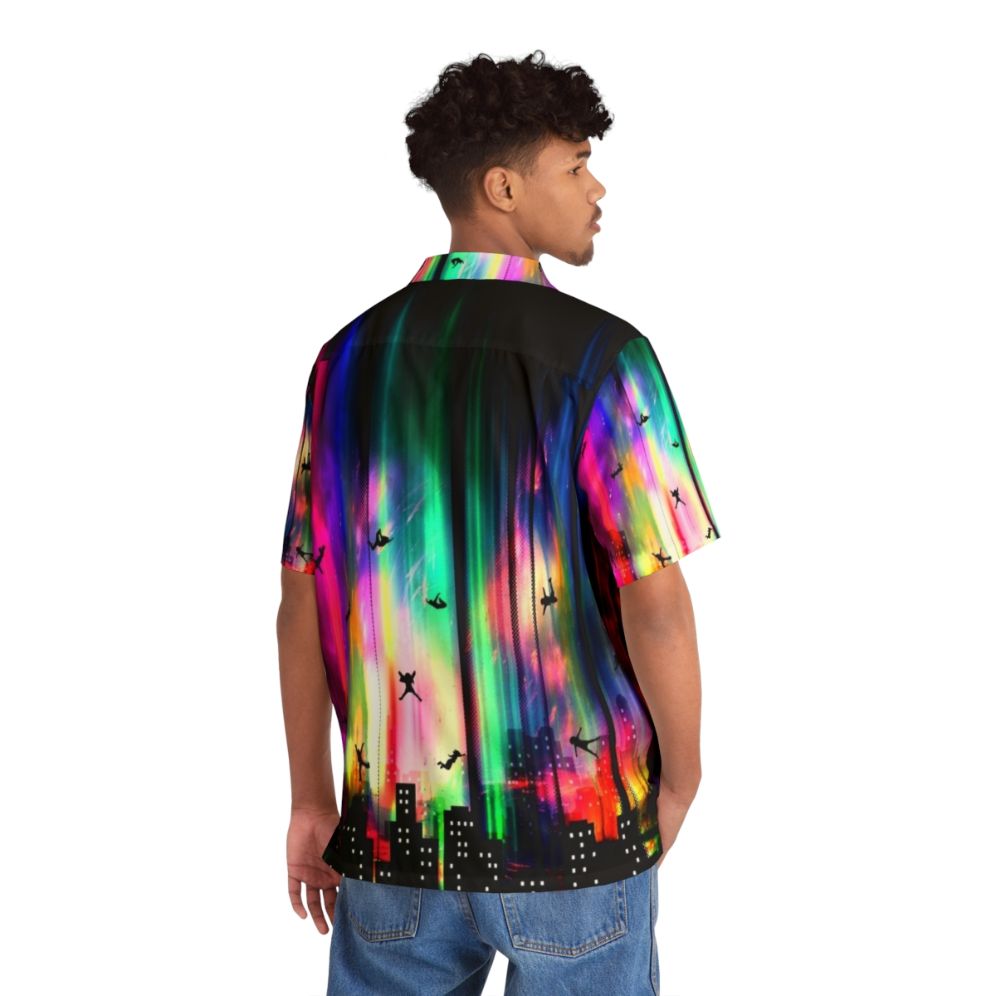 Neon Hawaiian Shirt with Vibrant Urban Skyline and Alien Influences - People Back