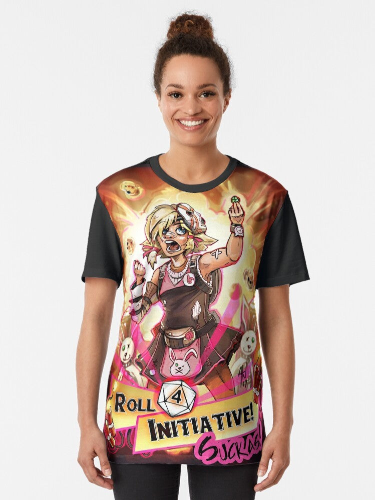 A graphic t-shirt design featuring the text "Roll for Initiative Suckas!" with dice and Borderlands-inspired elements, perfect for Borderlands fans and gamers. - Women