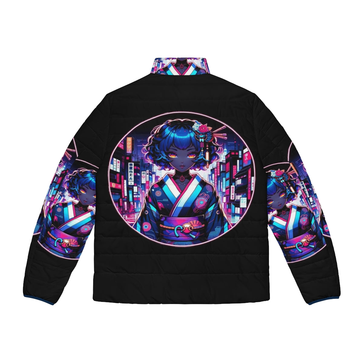 Cyber Geisha Dreams Puffer Jacket with Neon Accents and Futuristic Design - Back