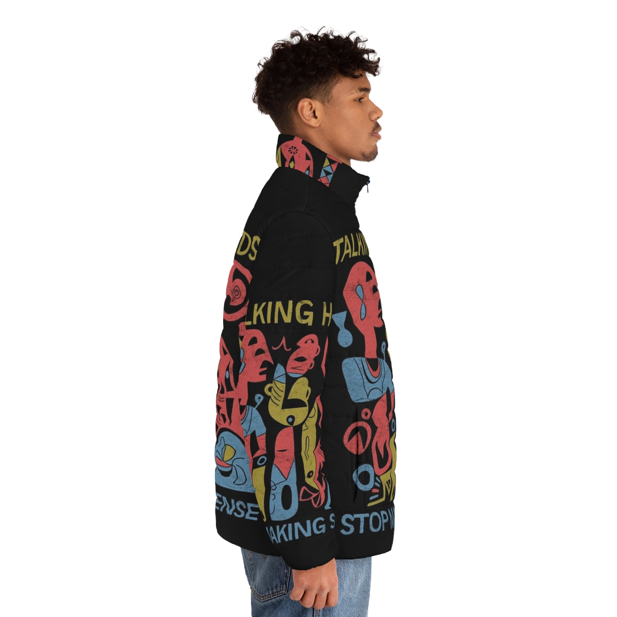 Talking Heads "Stop Making Sense" Puffer Jacket featuring David Byrne's iconic style - men side right