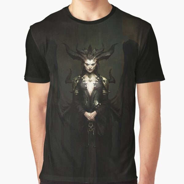 Diablo 4 Lilith graphic tshirt featuring the demonic sorceress Lilith from the upcoming Diablo 4 game by Blizzard