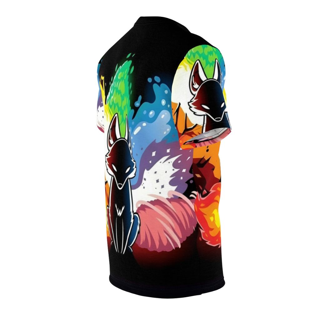 Colorful t-shirt design featuring a rainbow kitsune, a mythical fox spirit from Japanese folklore - men right