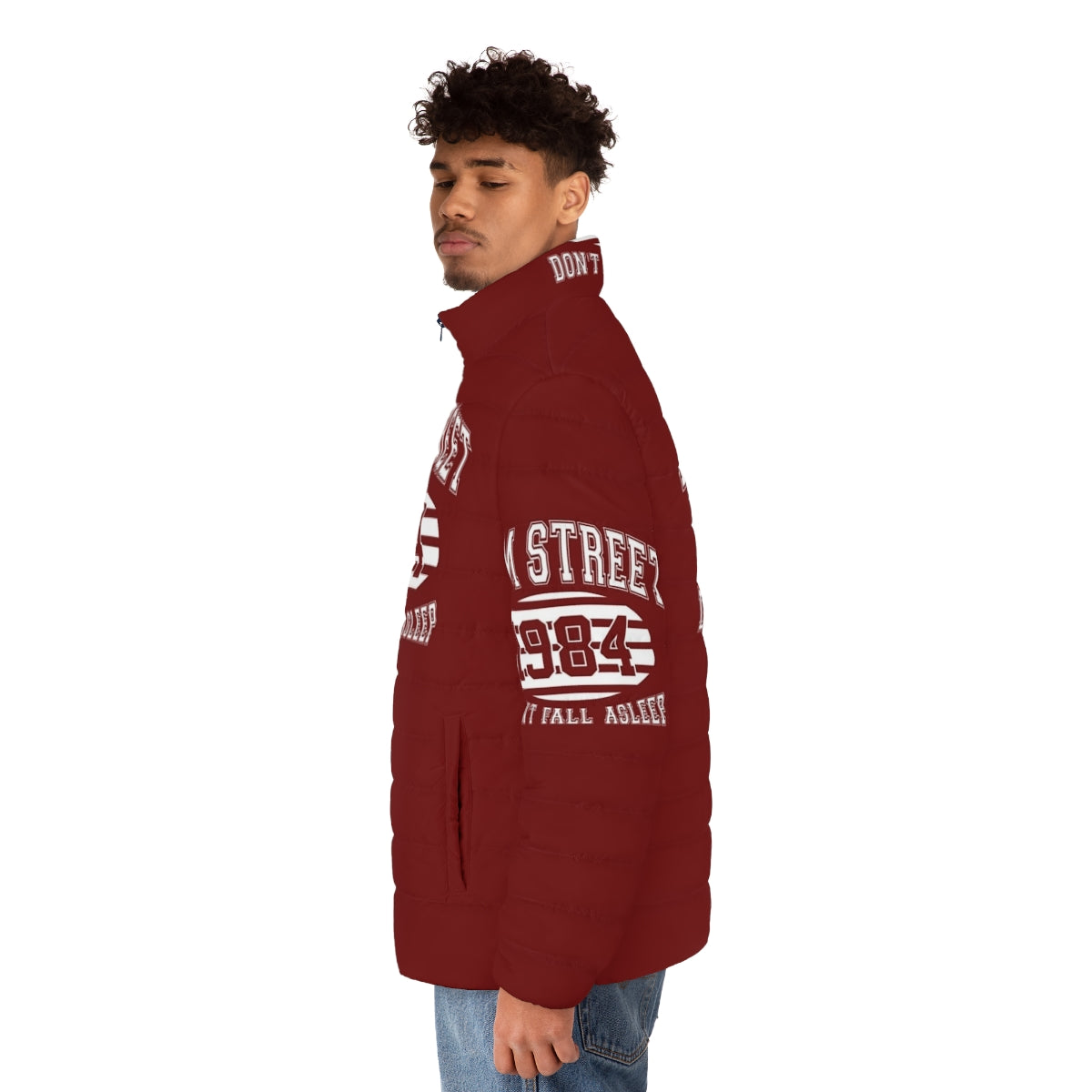 Elm Street College Puffer Jacket featuring Freddy Krueger design - men side left