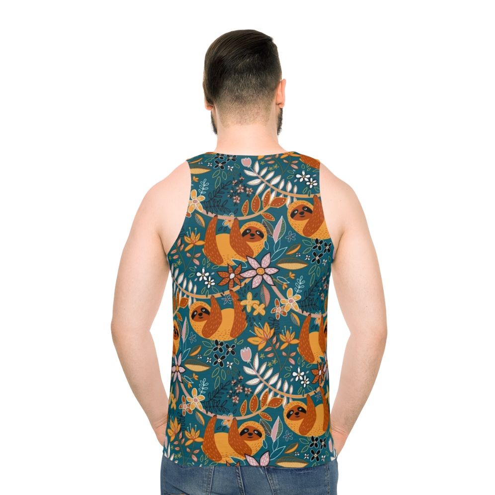 Boho sloth floral teal unisex tank top - men back