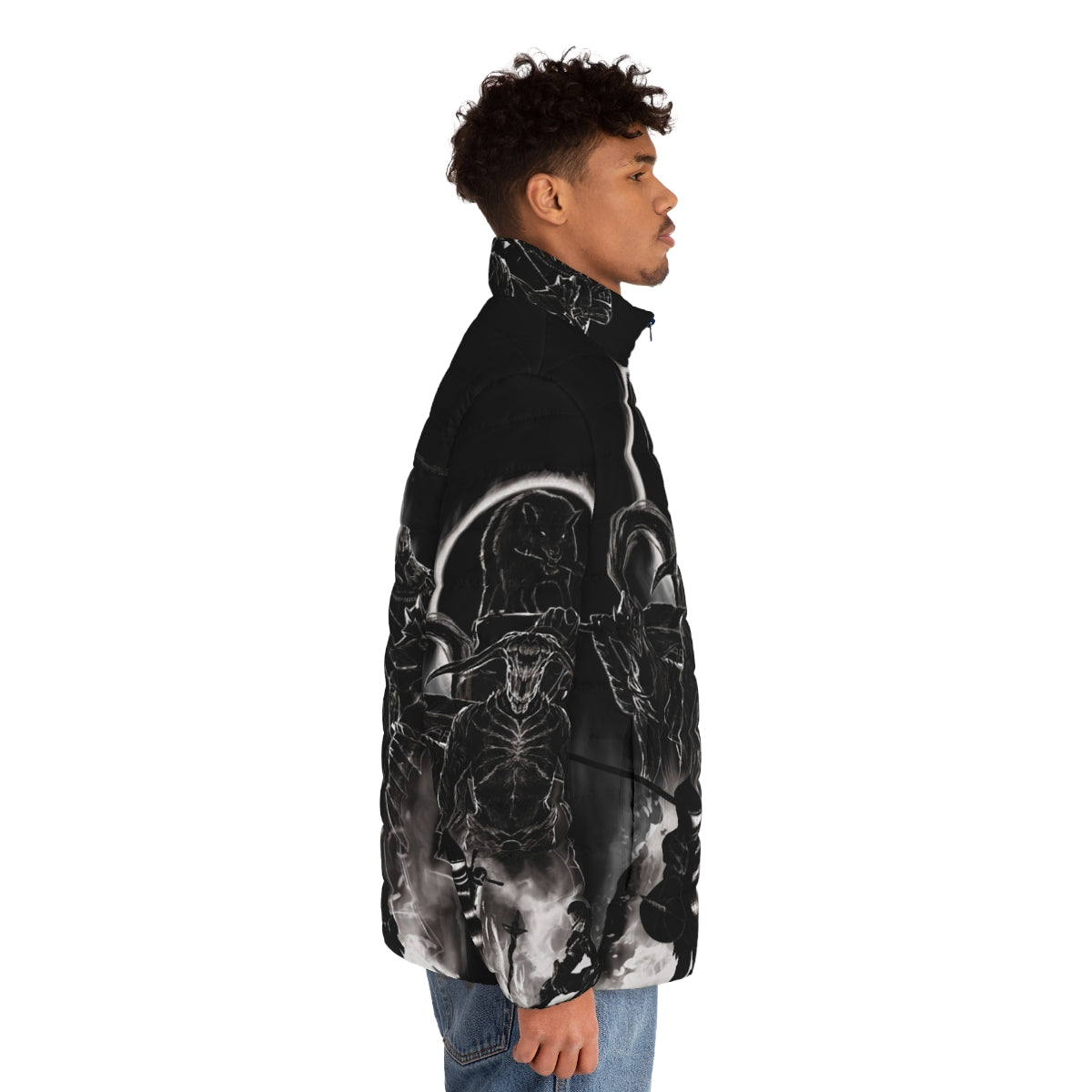 Firelink Shrine Puffer Jacket featuring the iconic bonfire from the Dark Souls video game franchise - men side right