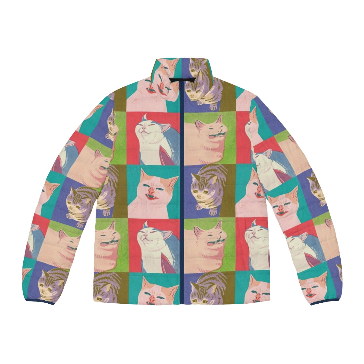 Four meme cats of the apocalypse on a puffer jacket with pop art design