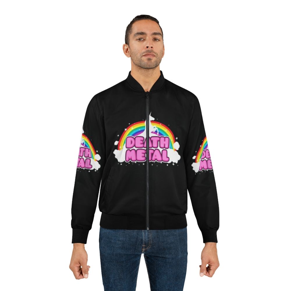 A colorful bomber jacket featuring a metal unicorn parody design for music fans. - Lifestyle