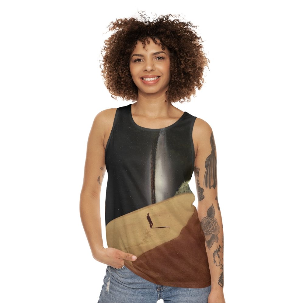 Retro collage design tank top depicting a dreamy desert landscape with stars and space elements - women