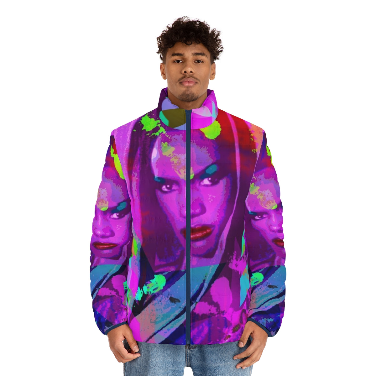 Grace Jones inspired LGBTQIA+ puffer jacket with bold, hedonistic design - men front