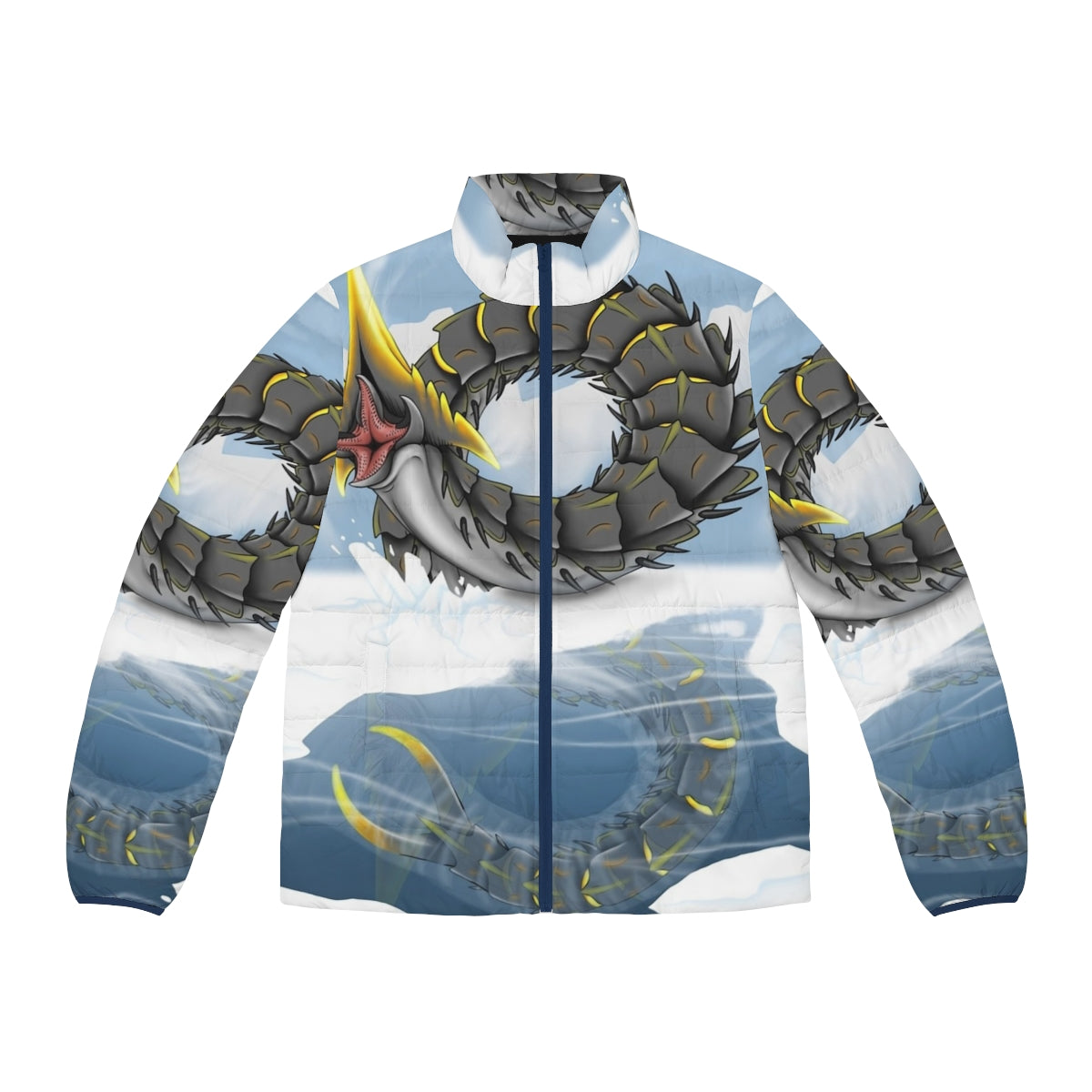 Subnautica inspired puffer jacket featuring an ice worm design