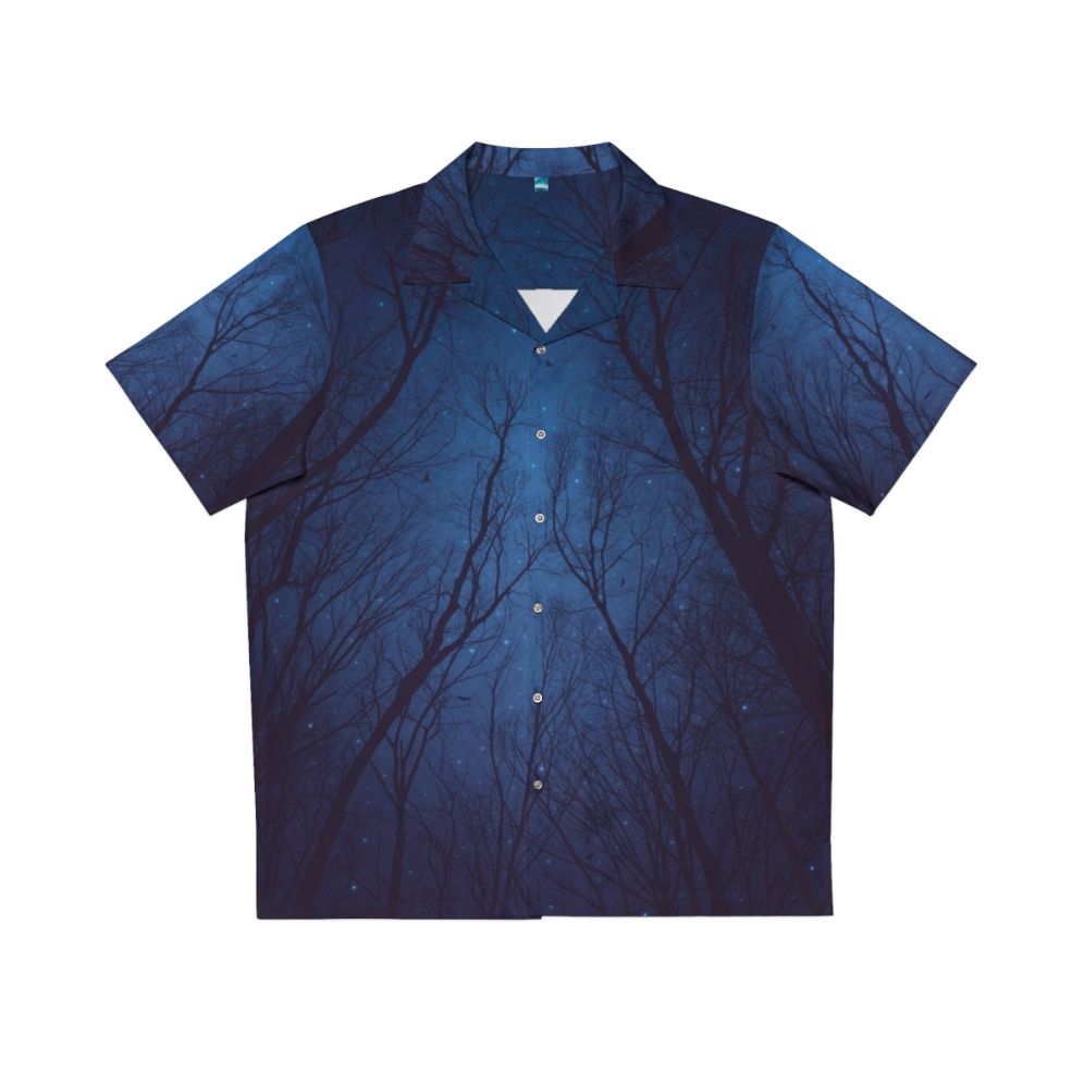 Indigo blue galaxy Hawaiian shirt with abstract tree branches and birds at night