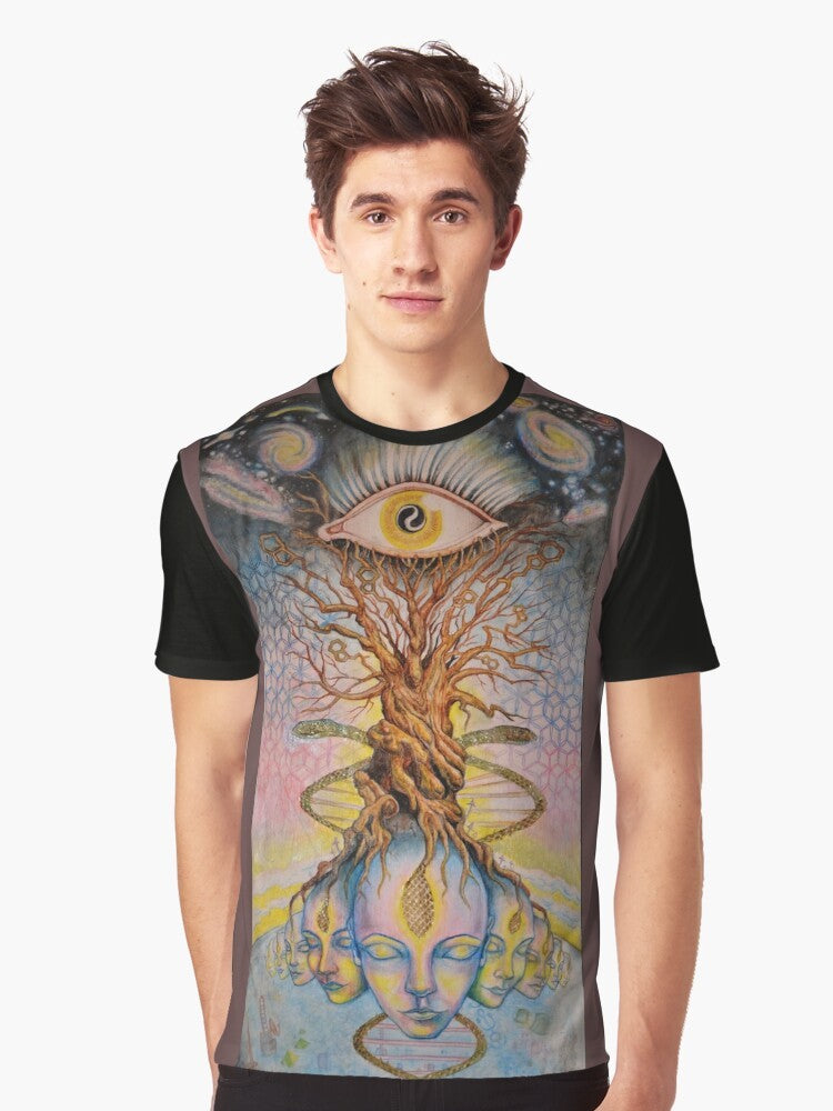 Pineal gland visionary art t-shirt featuring a graphic design with a snake, tree, and third eye symbolism - Men